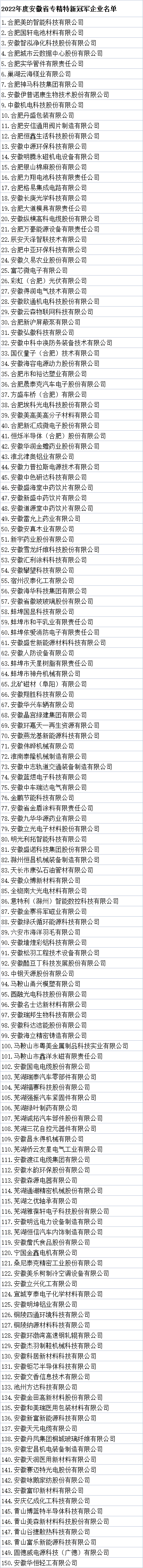 安徽省專精特新冠軍企業(yè)名單